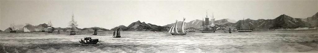 Hong Kong views, three engravings after Lieut. L.G.Heath of HMS Iris largest plate mark 24.5 x 78.5cm(two unframed)